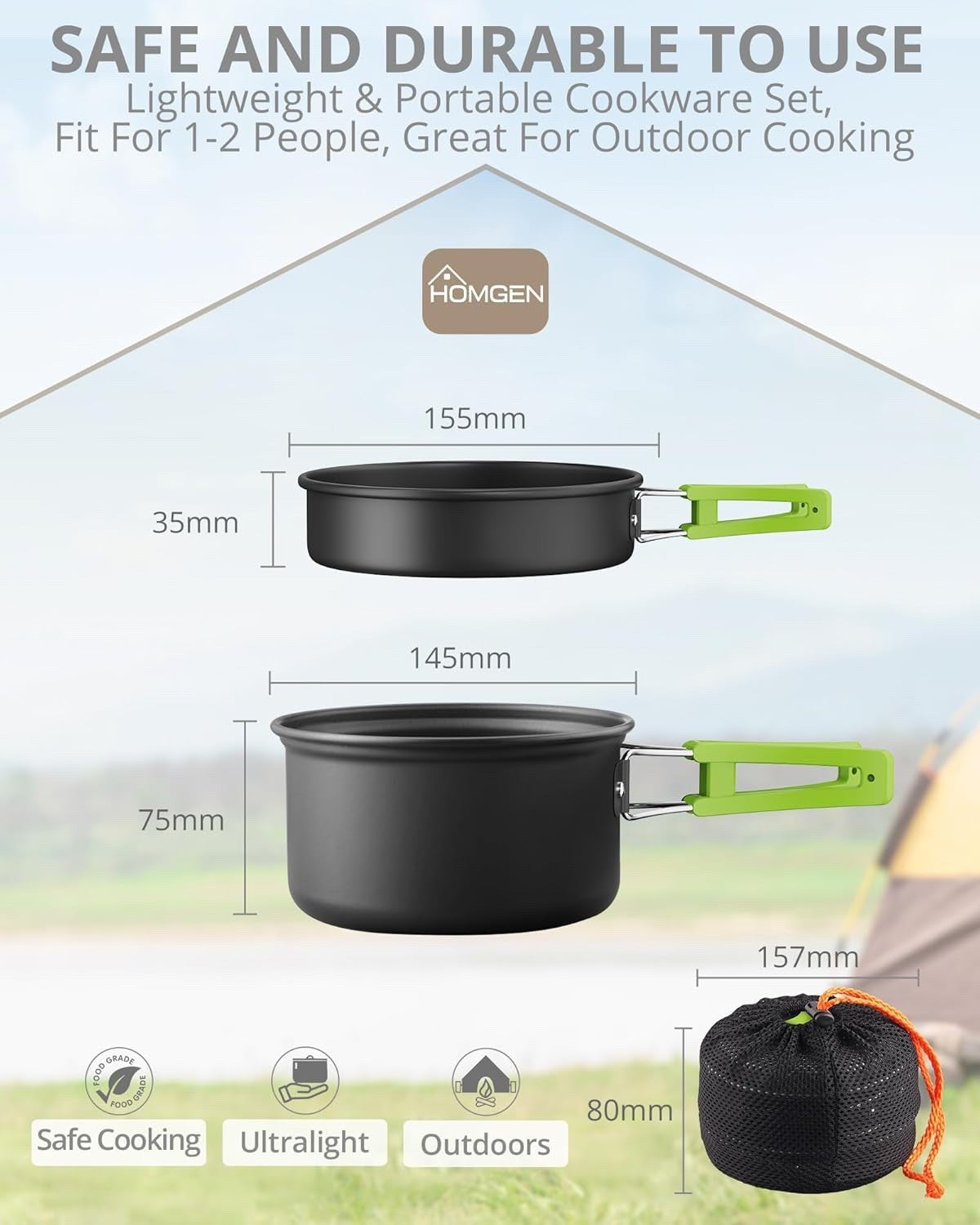 Green Camping Cookware Set with Pot Frying Pan Kettle & Utensils for 1-2 People