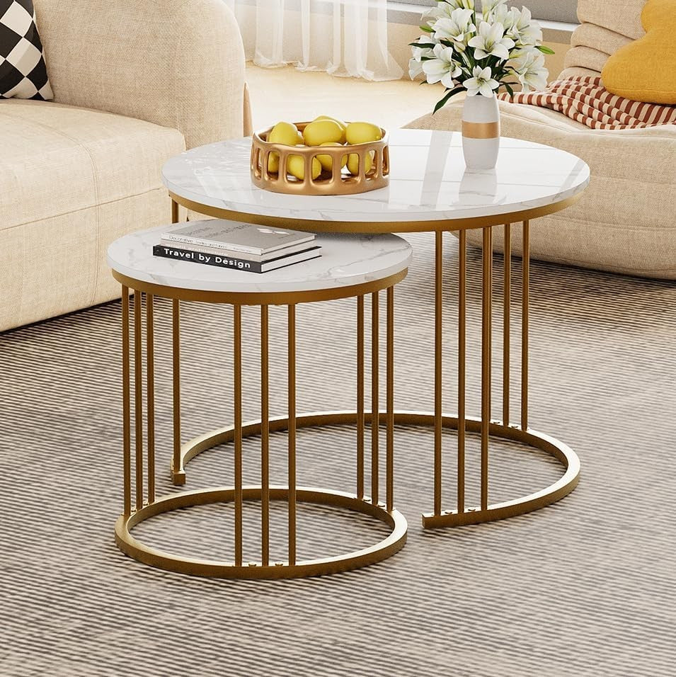 Gold Round Nesting Coffee Table Set Modern End Side Accent Living Room Furniture