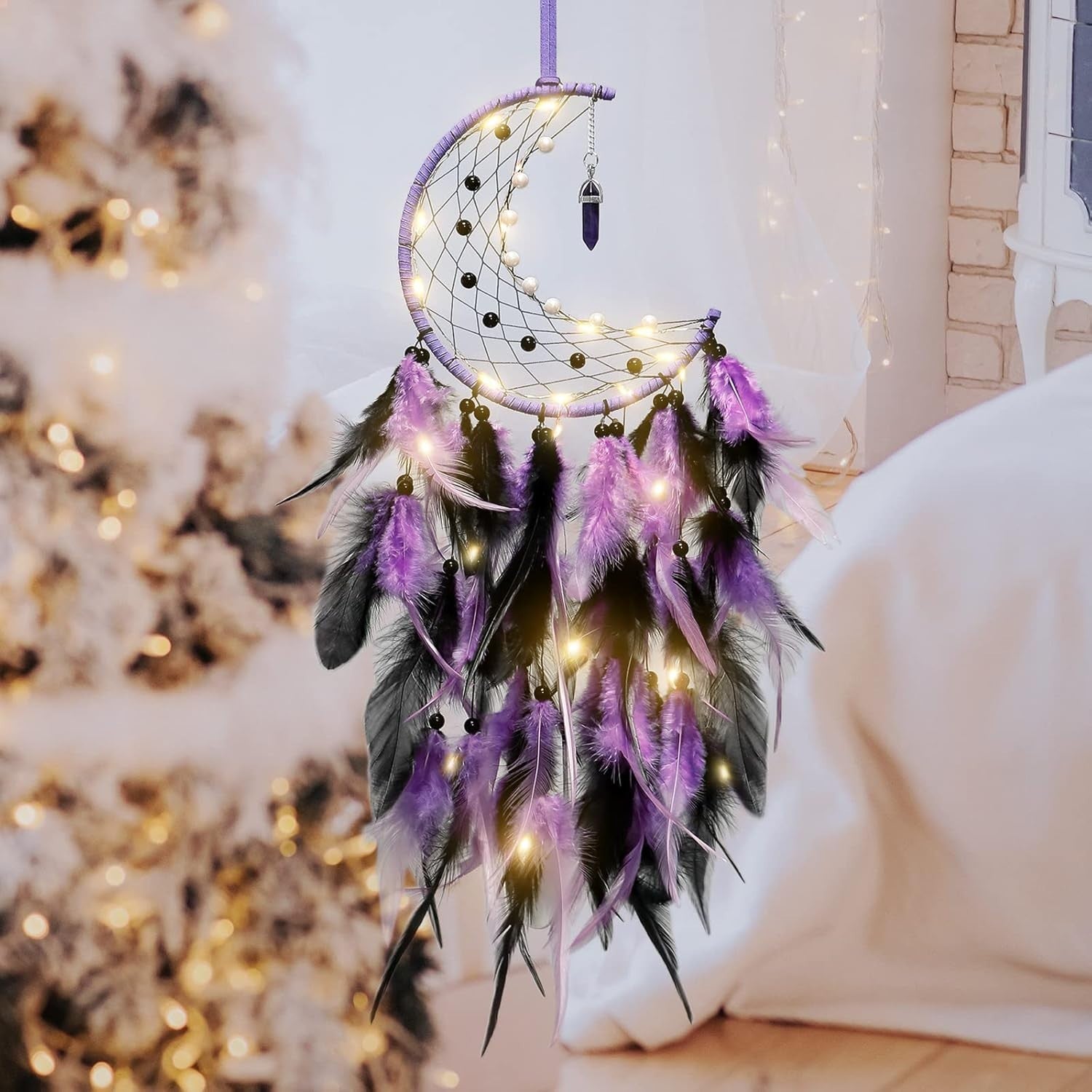 Boho Moon Dream Catcher Purple Black Feathers Fairy Lights Wall Decor
