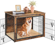 Large Rustic Brown Dog Crate Furniture with Cushion & Double Lock Doors 102x71x7