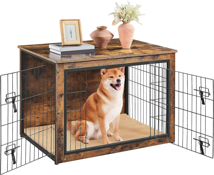 Large Rustic Brown Dog Crate Furniture with Cushion & Double Lock Doors 102x71x7