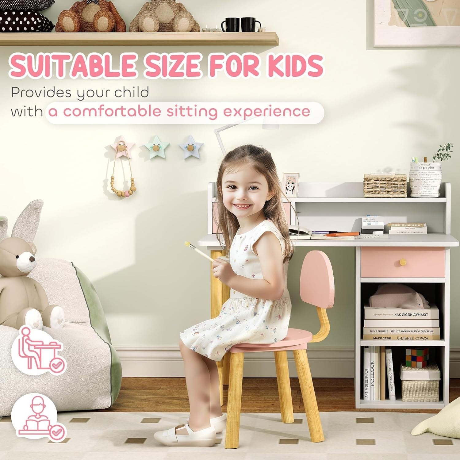 Kids Study Desk & Chair Set with Hutch, Storage Drawers, Pink for Ages 3-8