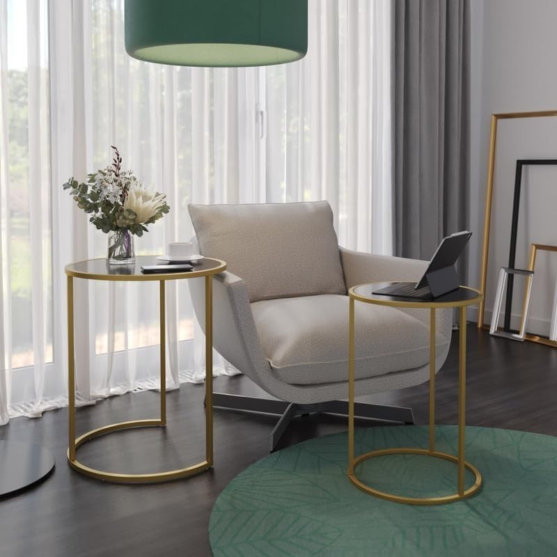 Nesting Coffee Tables Set of 2 Round Tempered Glass Gold Metal Living Room