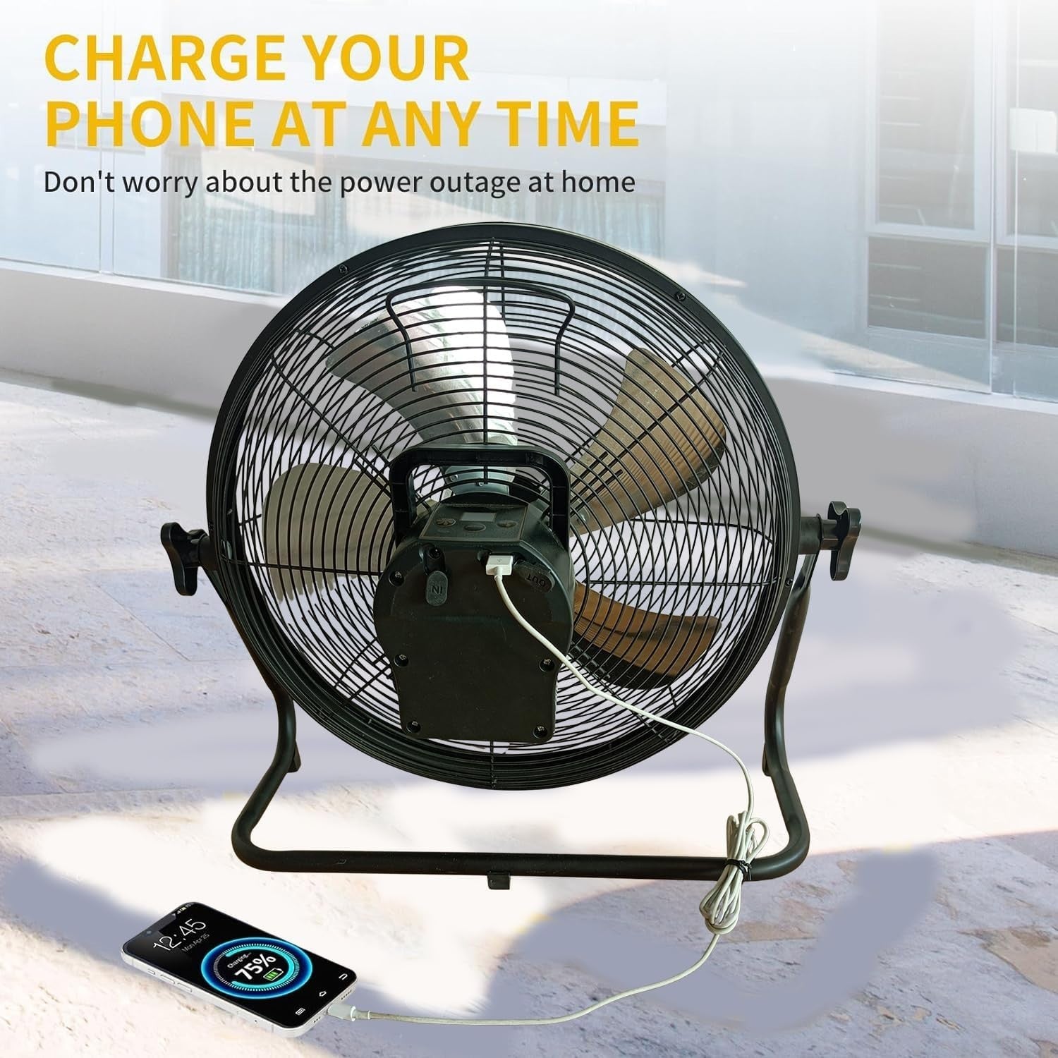 16" Solar Rechargeable Floor Fan – 12-Speed Dual Power AC/DC Cooling Fan Black