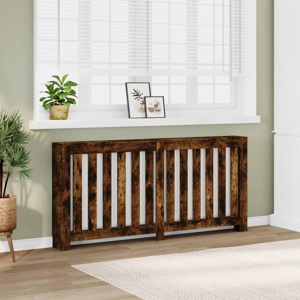 Smoked Oak Radiator Cover Shelf | Modern Slatted MDF Cabinet 175x20x82cm