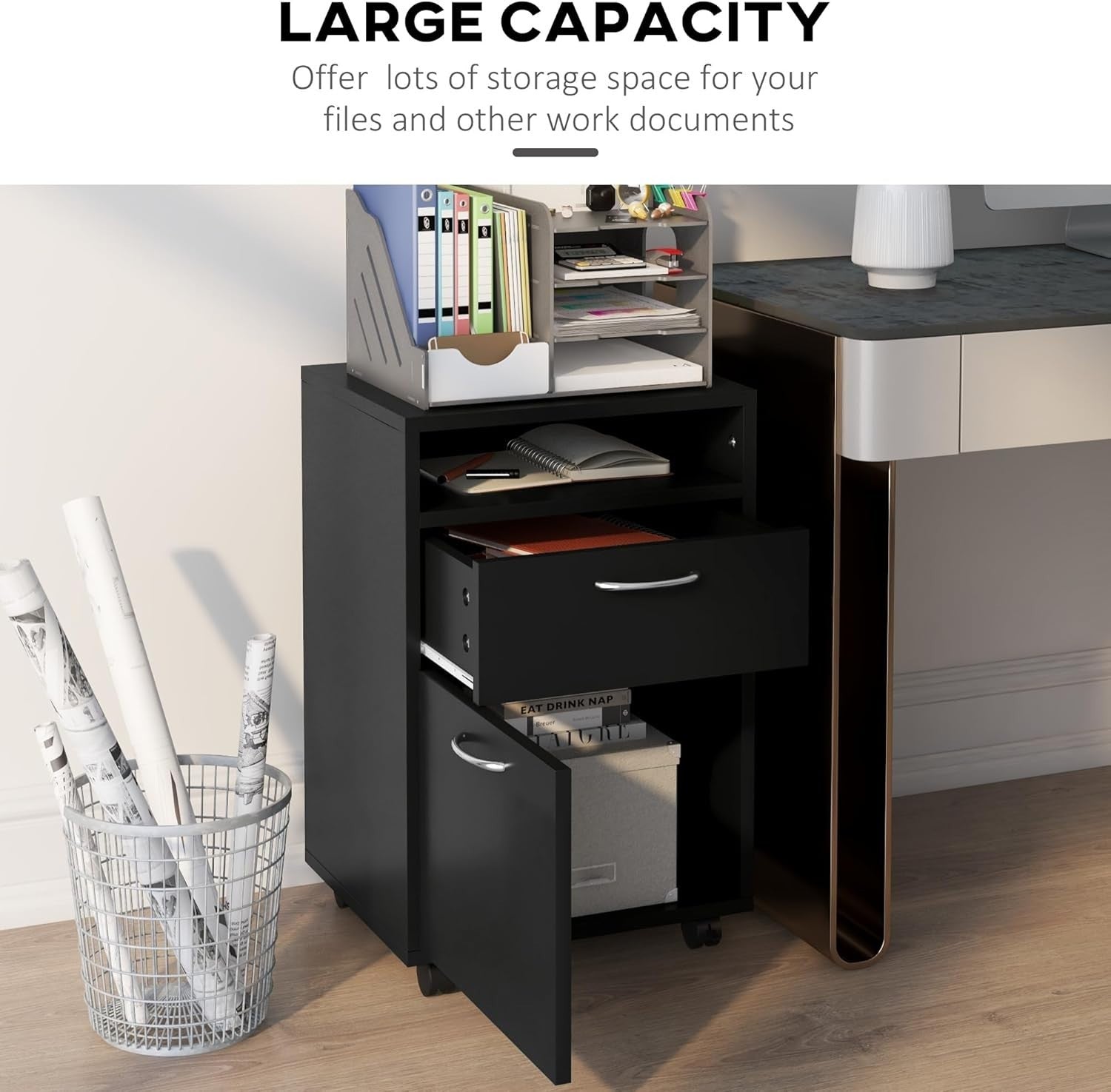 Black Mobile Filing Cabinet with Wheels Drawer Storage Home Office Without Key