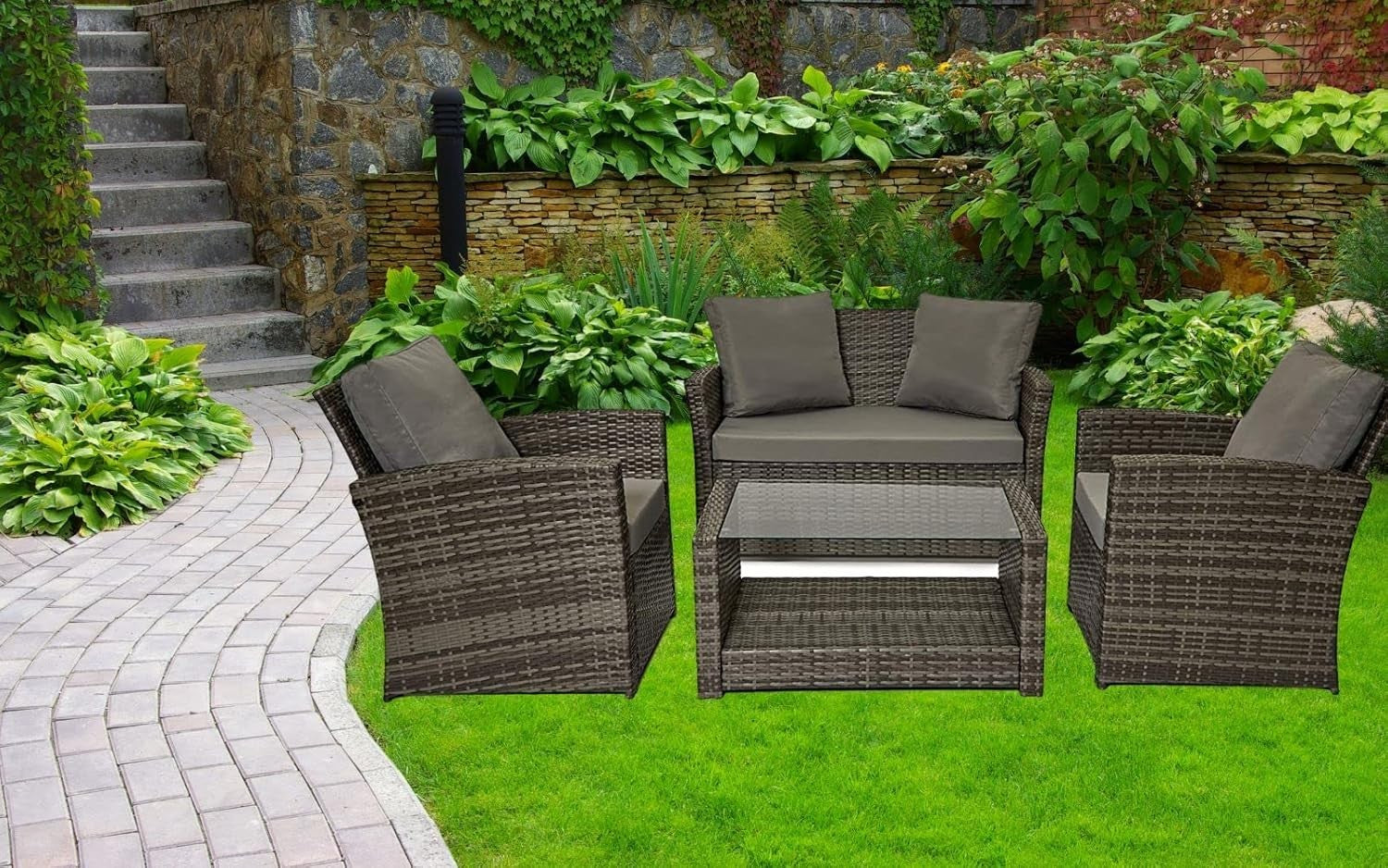 4 Seater Rattan Garden Sofa Set Grey Patio Chairs Glass Coffee Table