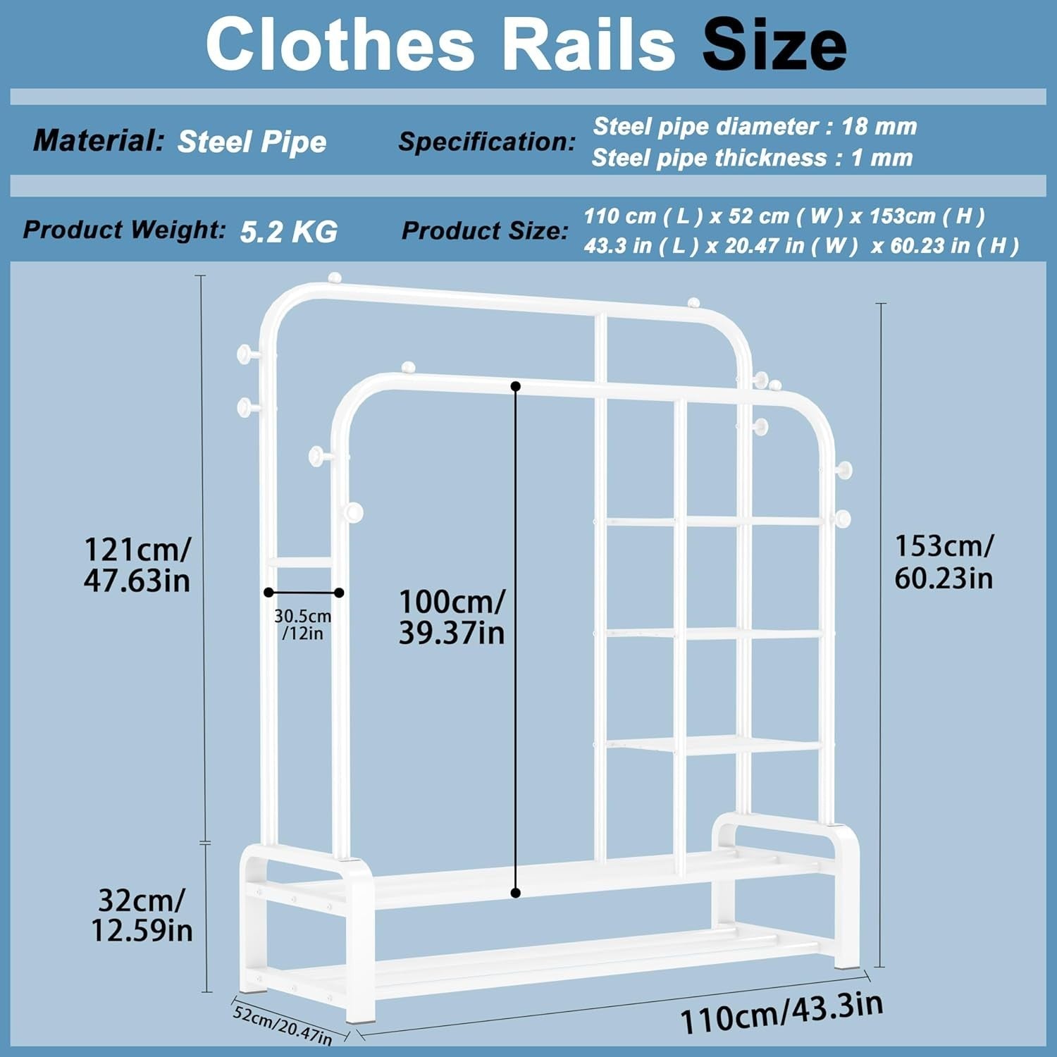 Heavy Duty Clothes Rail with Shelves & Hooks – White 110×145cm