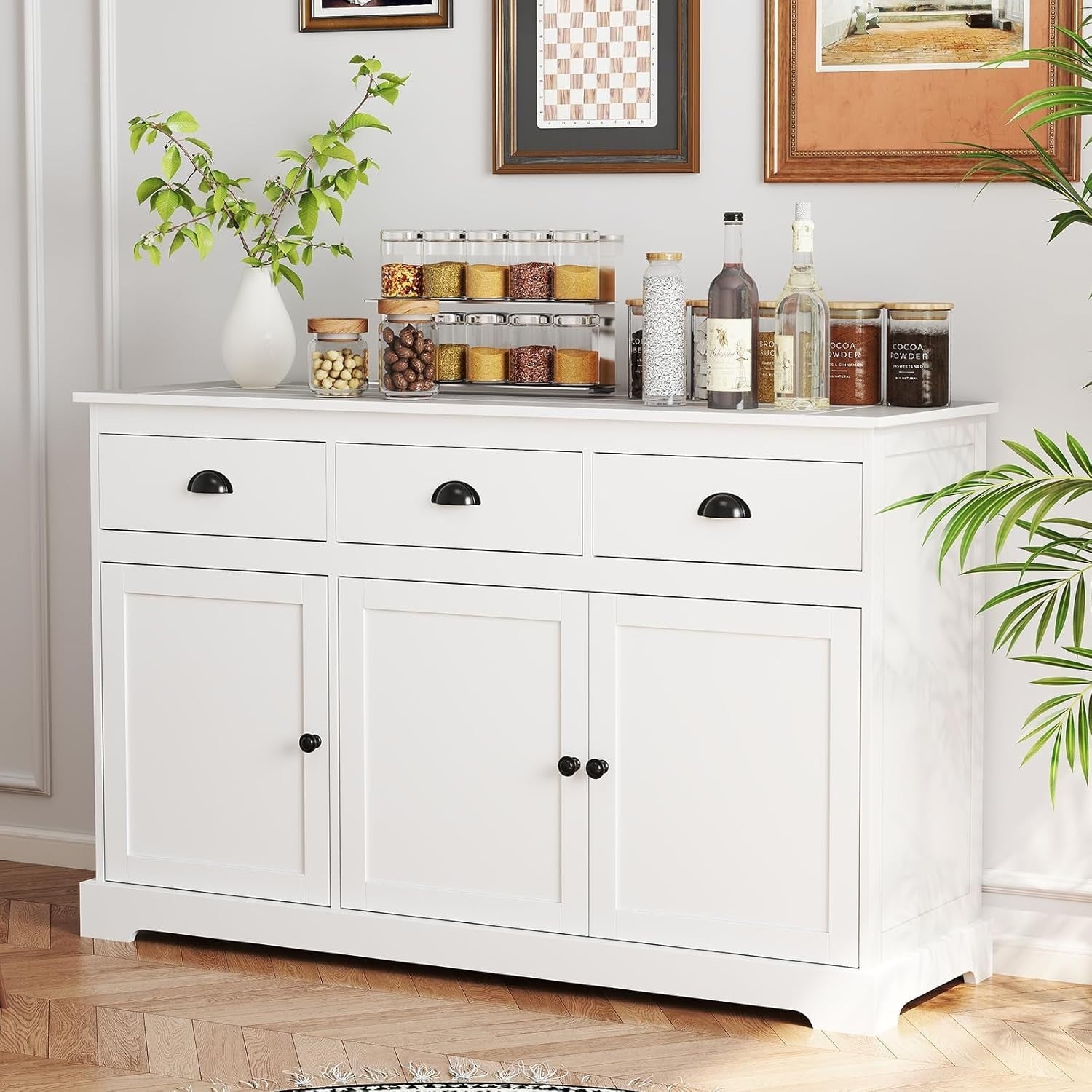 White Sideboard Storage Cabinet with Drawers & Adjustable Shelves Unit