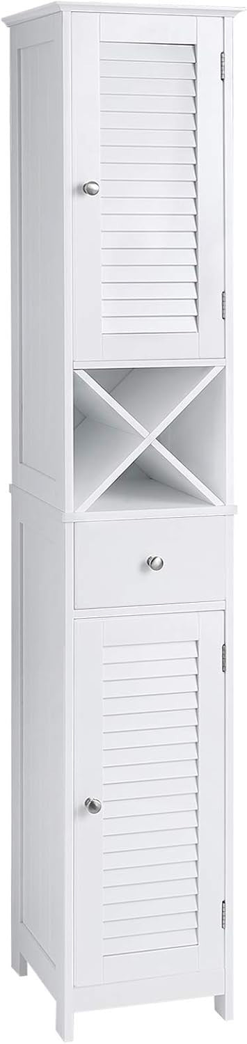 Tall Bathroom Storage Cabinet with Drawer & Louvered Doors, 32x30x170cm