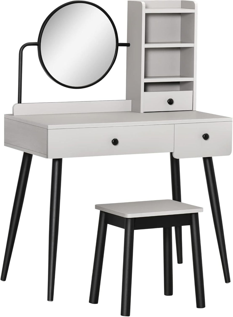 Black Corner Vanity Dressing Table Set with 3-Color LED Light Mirror & Stool