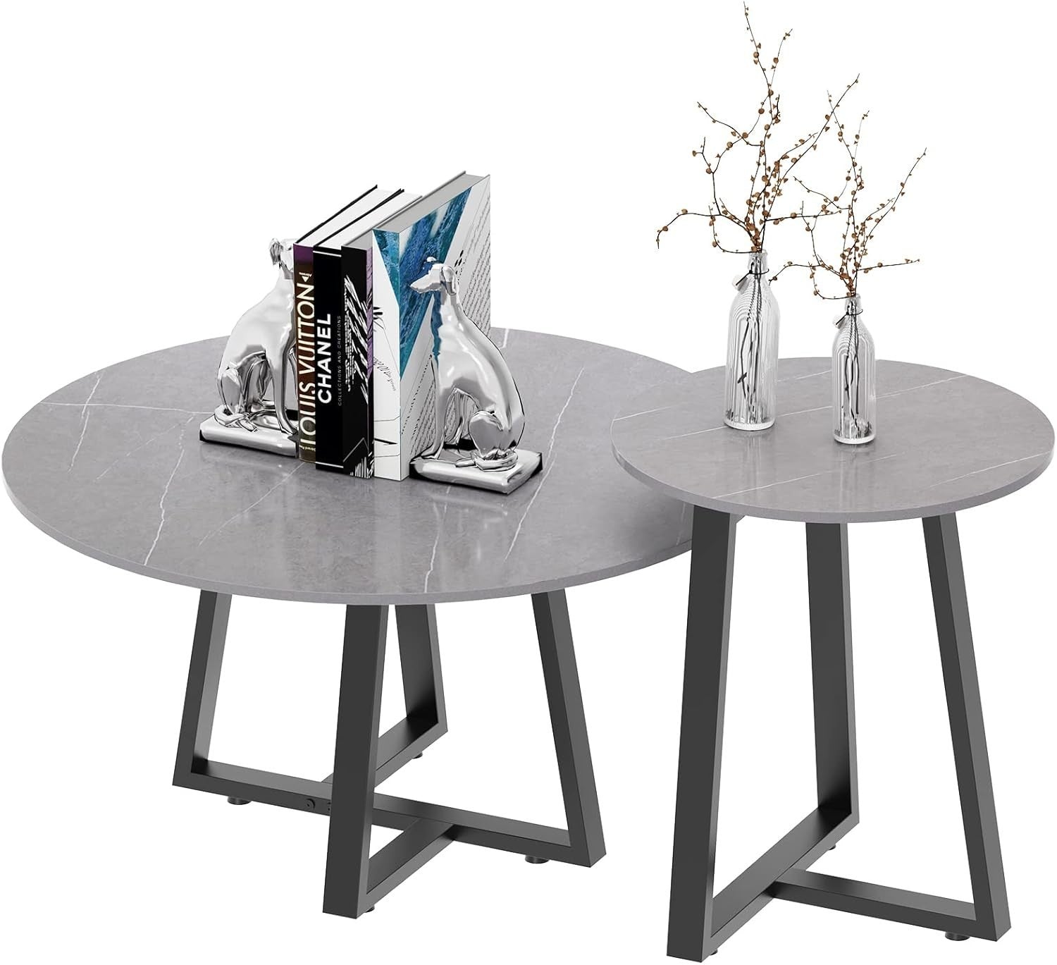Luxury Nesting Coffee Table Marble Look Sintered Stone Black Metal Grey 80x80cm
