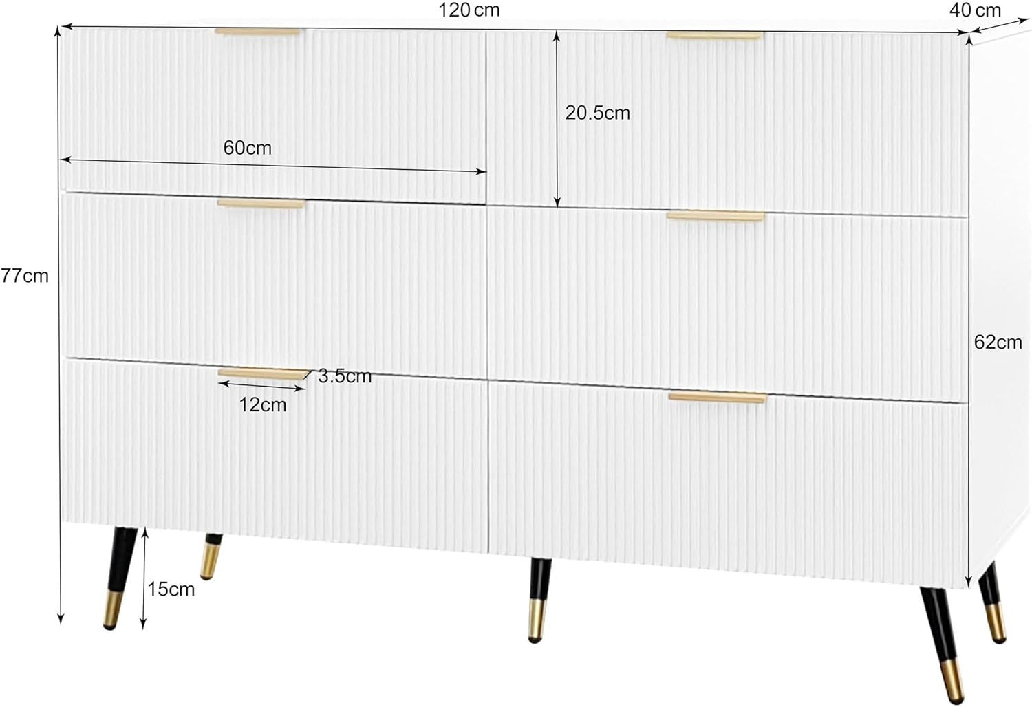 Modern White Sideboard Cabinet 6 Drawers Gold Legs Storage 120x40x77cm