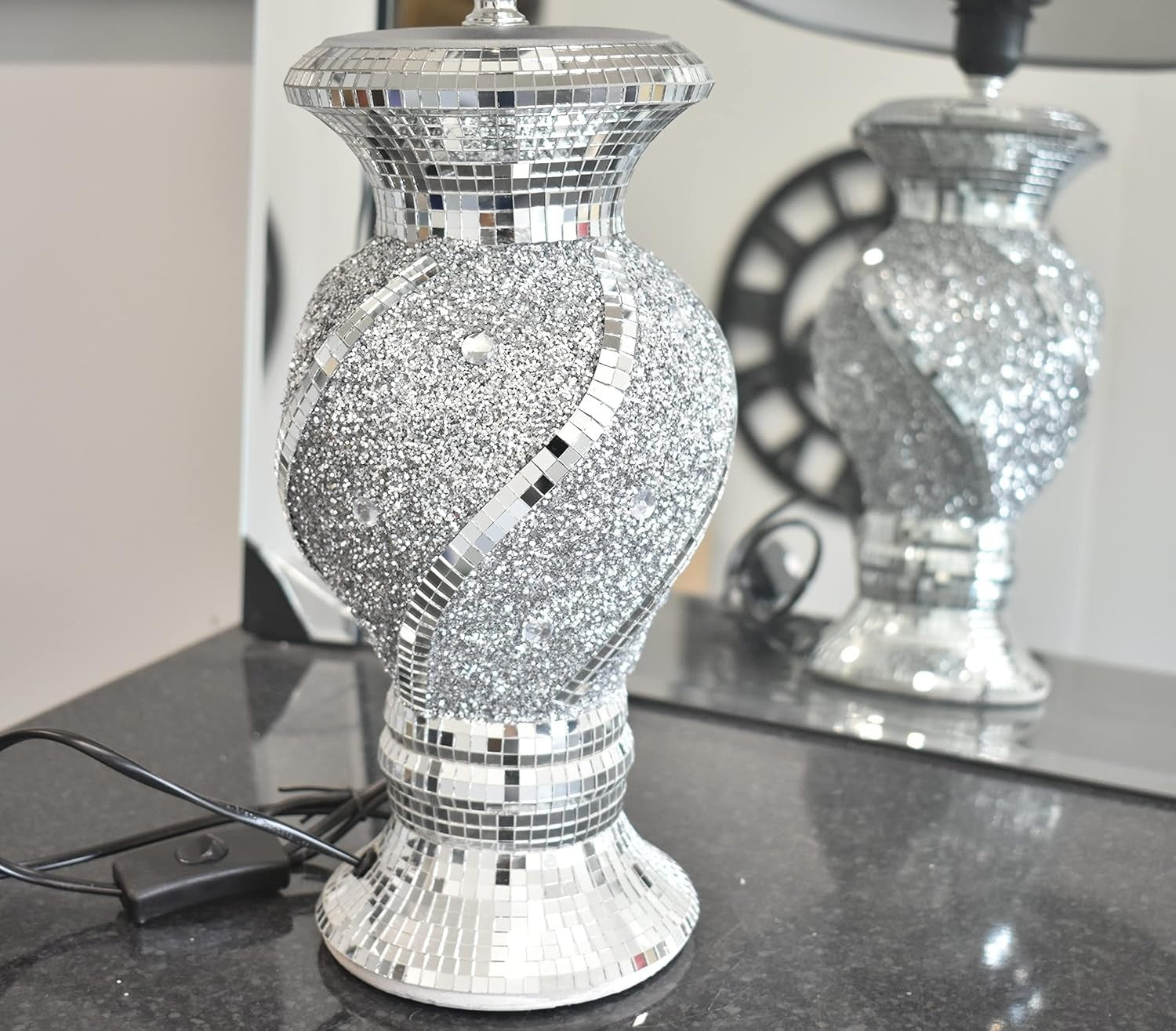Silver Crushed Diamond Table Lamp Glitter Crystal Shade Luxury Home Decor