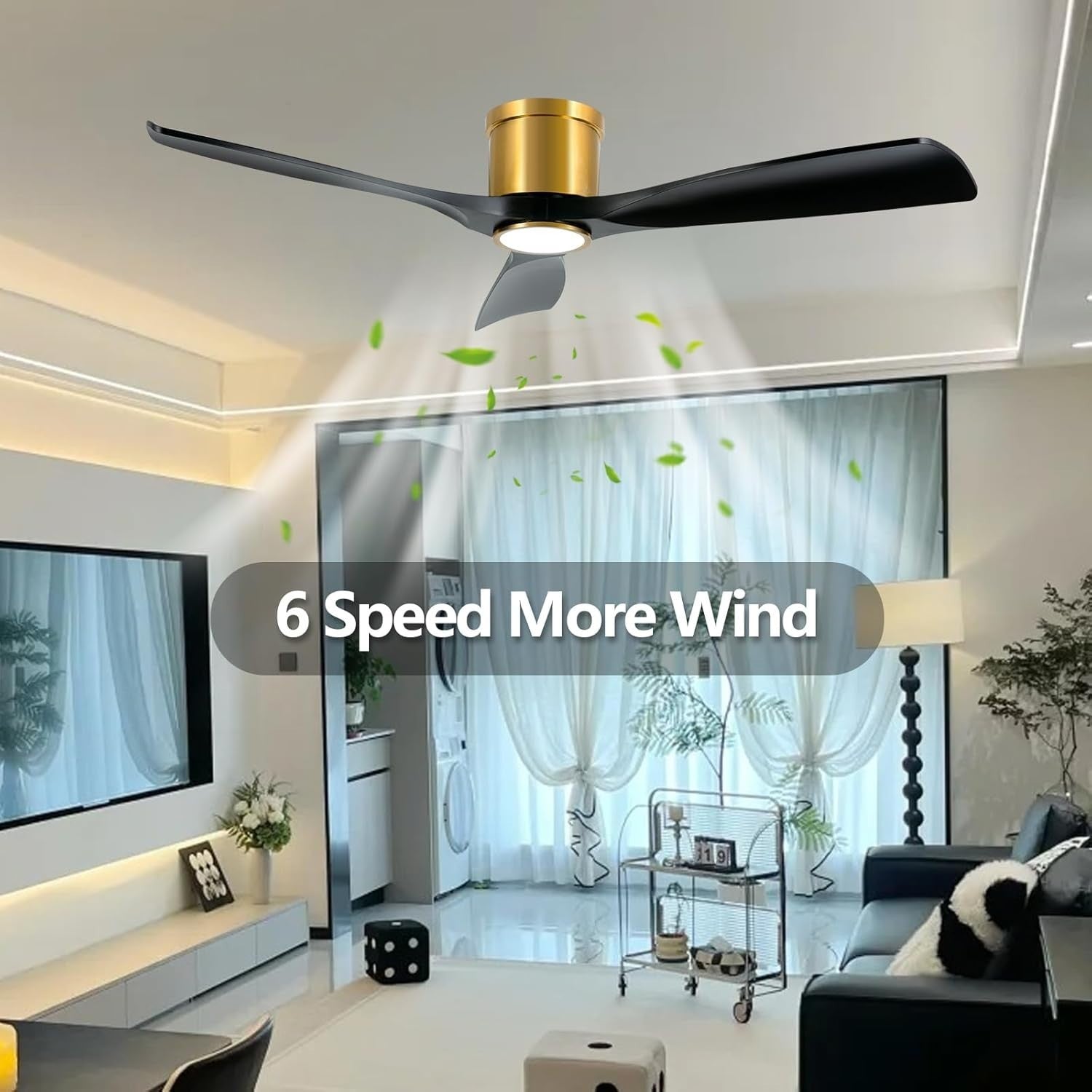 OFANTOP 132CM Ceiling Fan with Light, 3-Blade, 6-Speed, Remote, Black Gold