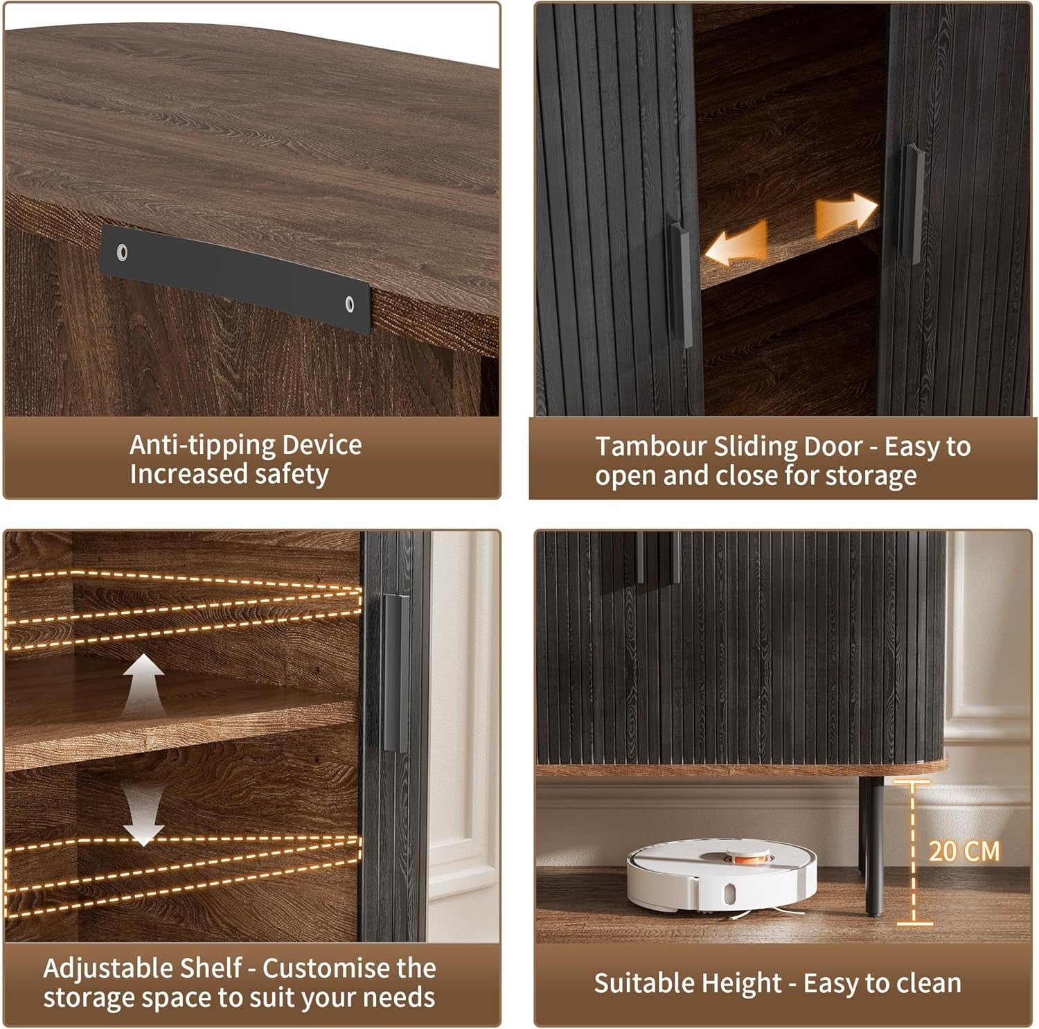 Modern Black Sideboard Buffet Cabinet Cupboard with Sliding Tambour Doors