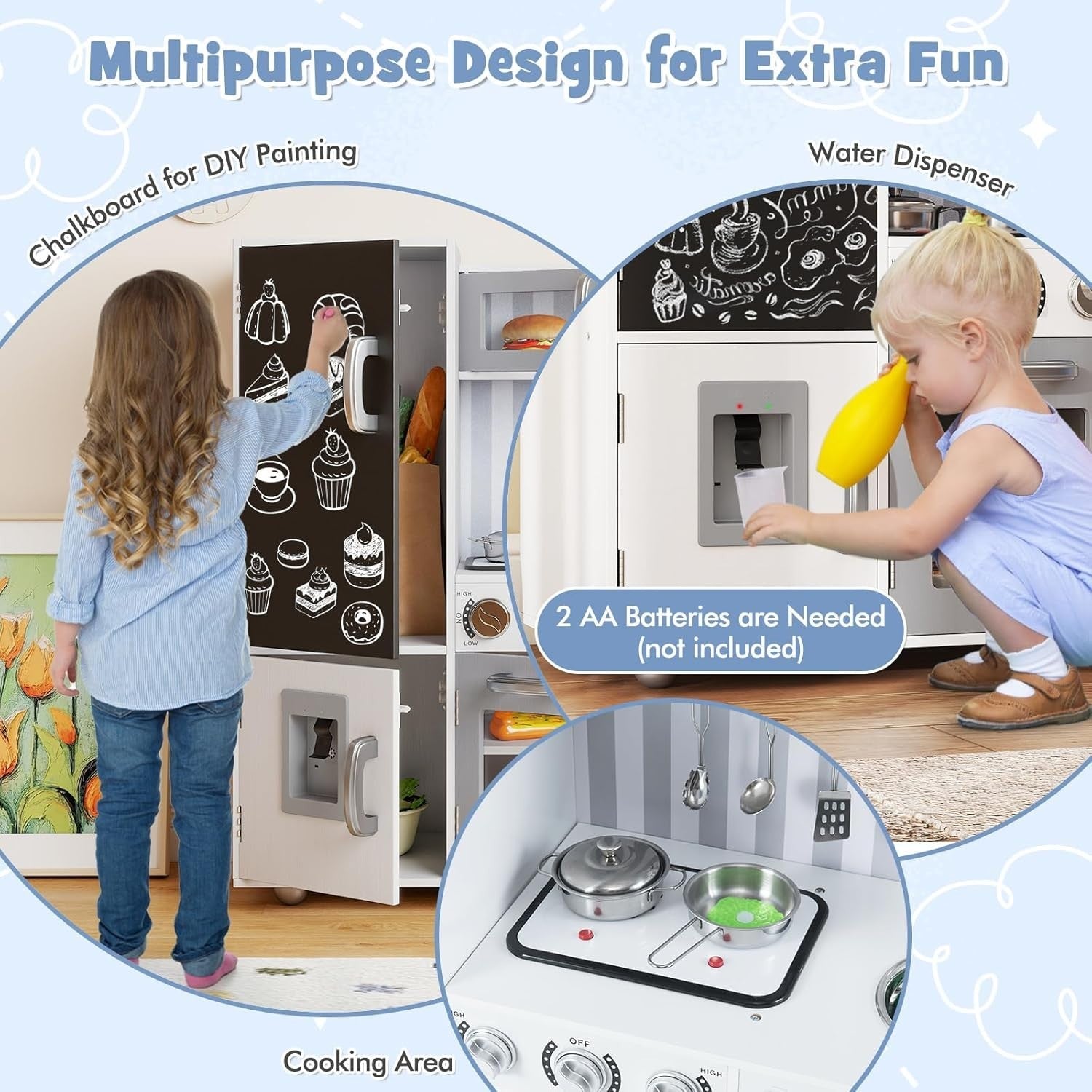 Kids Wooden Play Kitchen Lights Sounds Water Dispenser White Silver