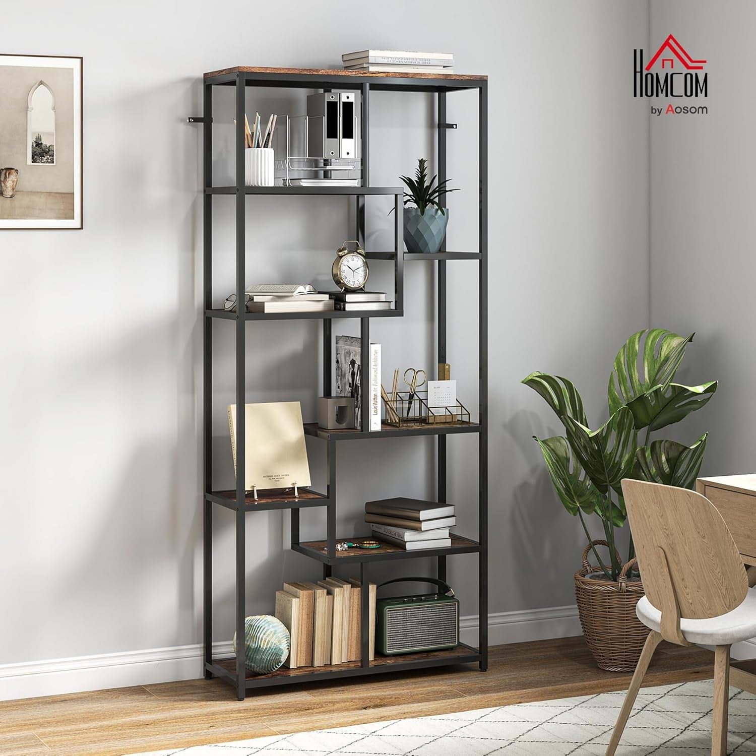 7-Tier Rustic Brown & Black Bookcase | Industrial Geometric Display Shelf Unit