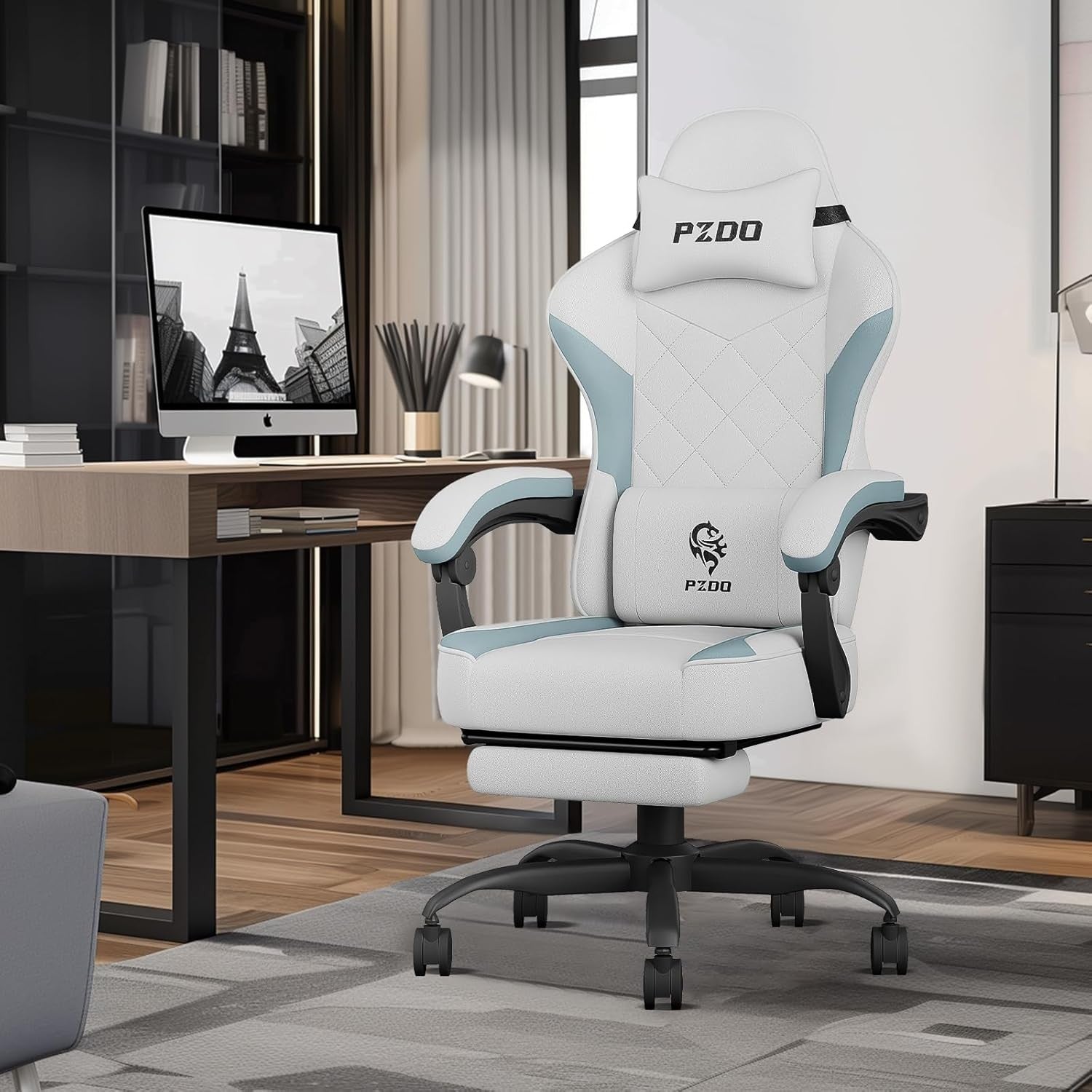Ergonomic Gaming Chair Fabric Recliner w/ Footrest 350lbs Grey