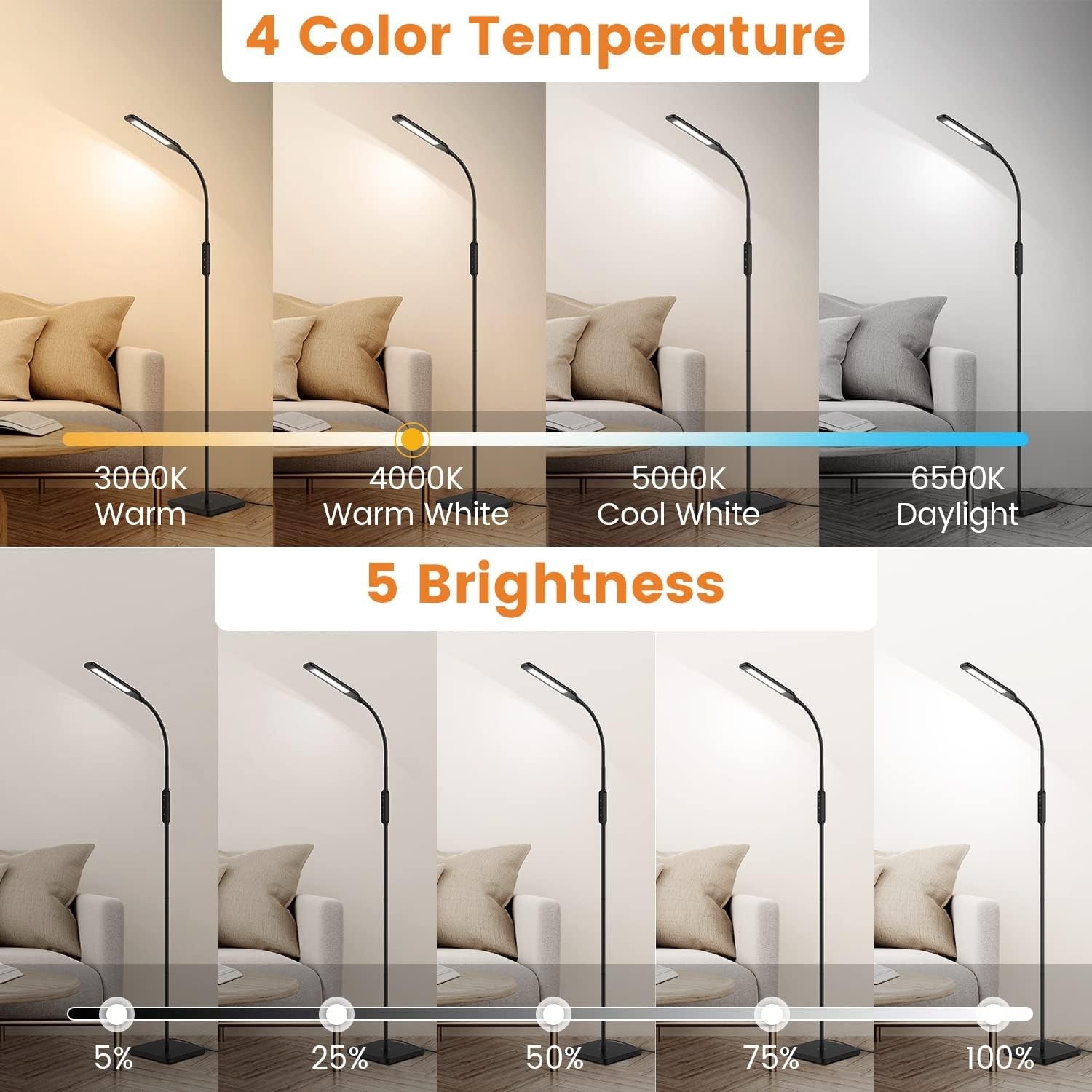 LED Floor Lamp Remote Control Dimmable Reading Light Adjustable Standing Lamp