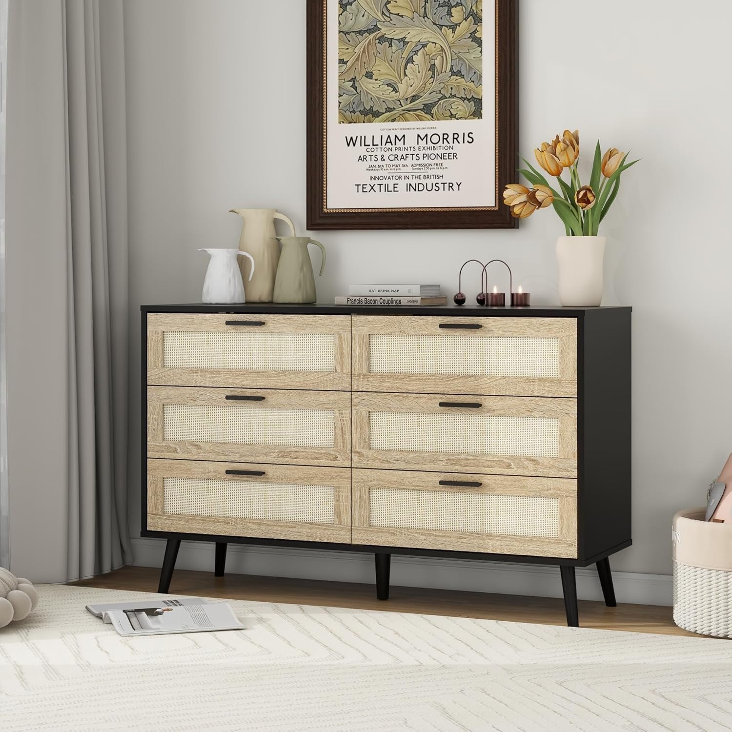 Black Rattan Chest of Drawers 6 Drawer Storage Cabinet for Bedroom