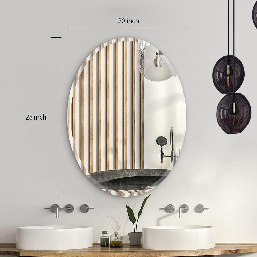 Oval Frameless Bathroom Mirror 28x20 Inch Beveled Edge, Easy Install