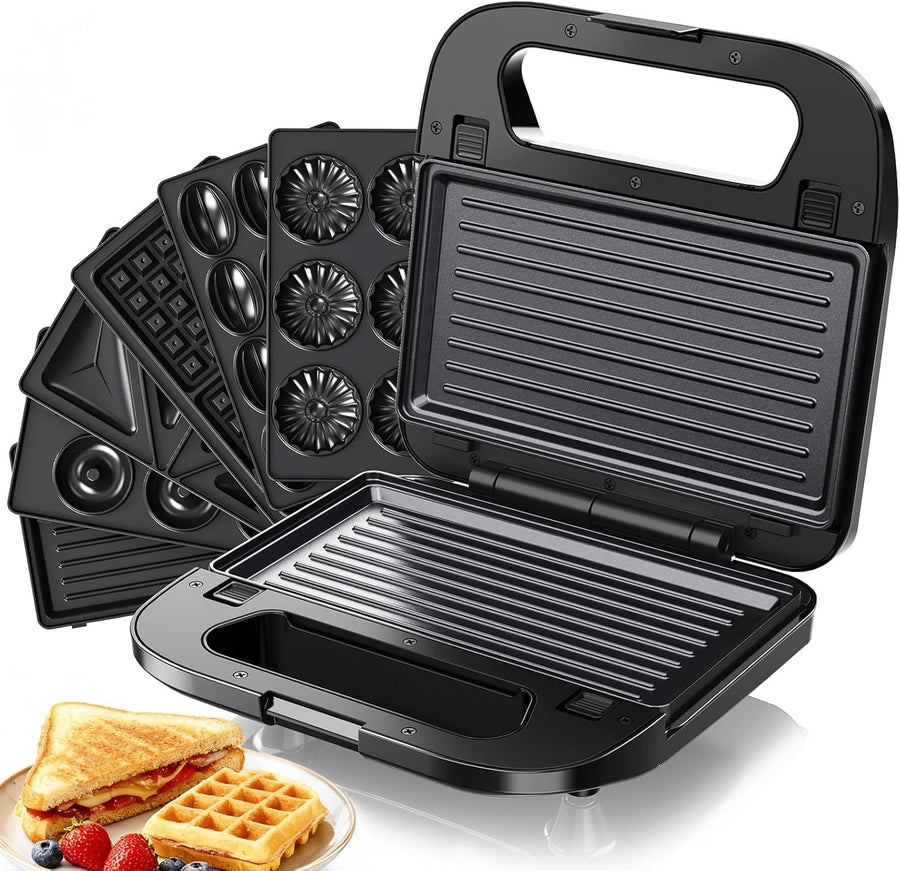 6-in-1 Sandwich Maker 37x38x17cm Non-Stick Plates Waffle Panini Donut Grill