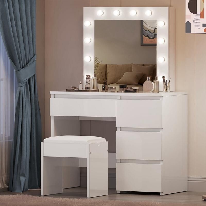 White LED Vanity Dressing Table with Mirror & Stool Makeup Desk MDF