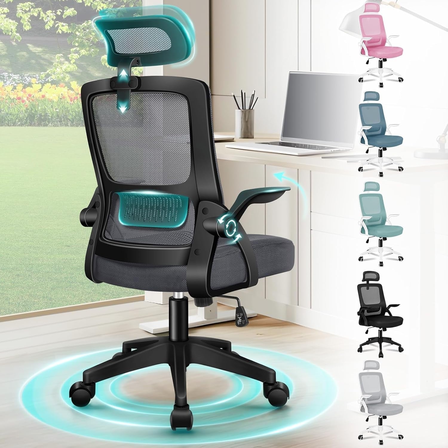 Ergonomic Office Chair Mesh Back Grey Adjustable Flip Arms Lumbar Support 180KG