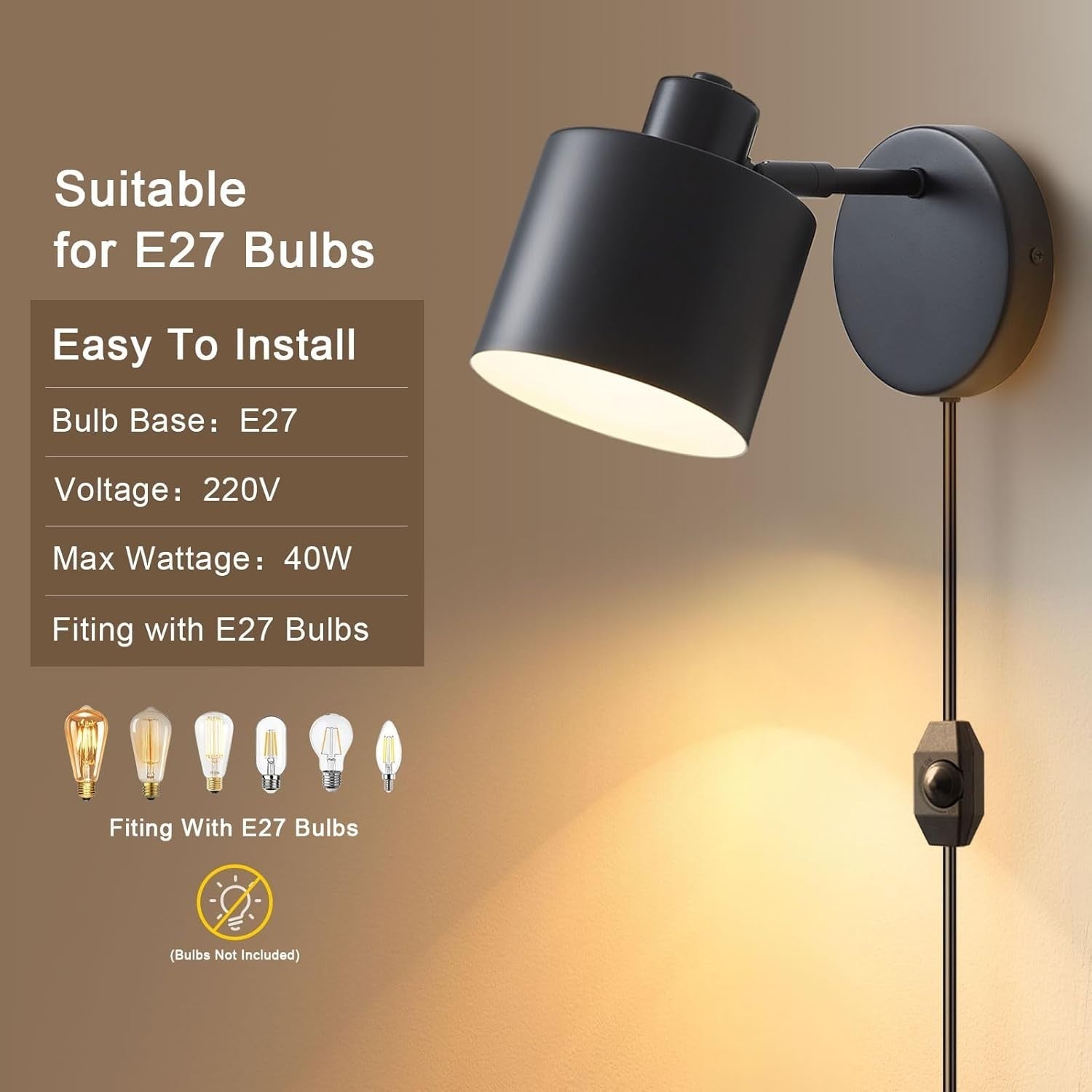 Dimmable 360° Rotatable Wall Lamp, Plug-In LED Sconce Light for Bedroom