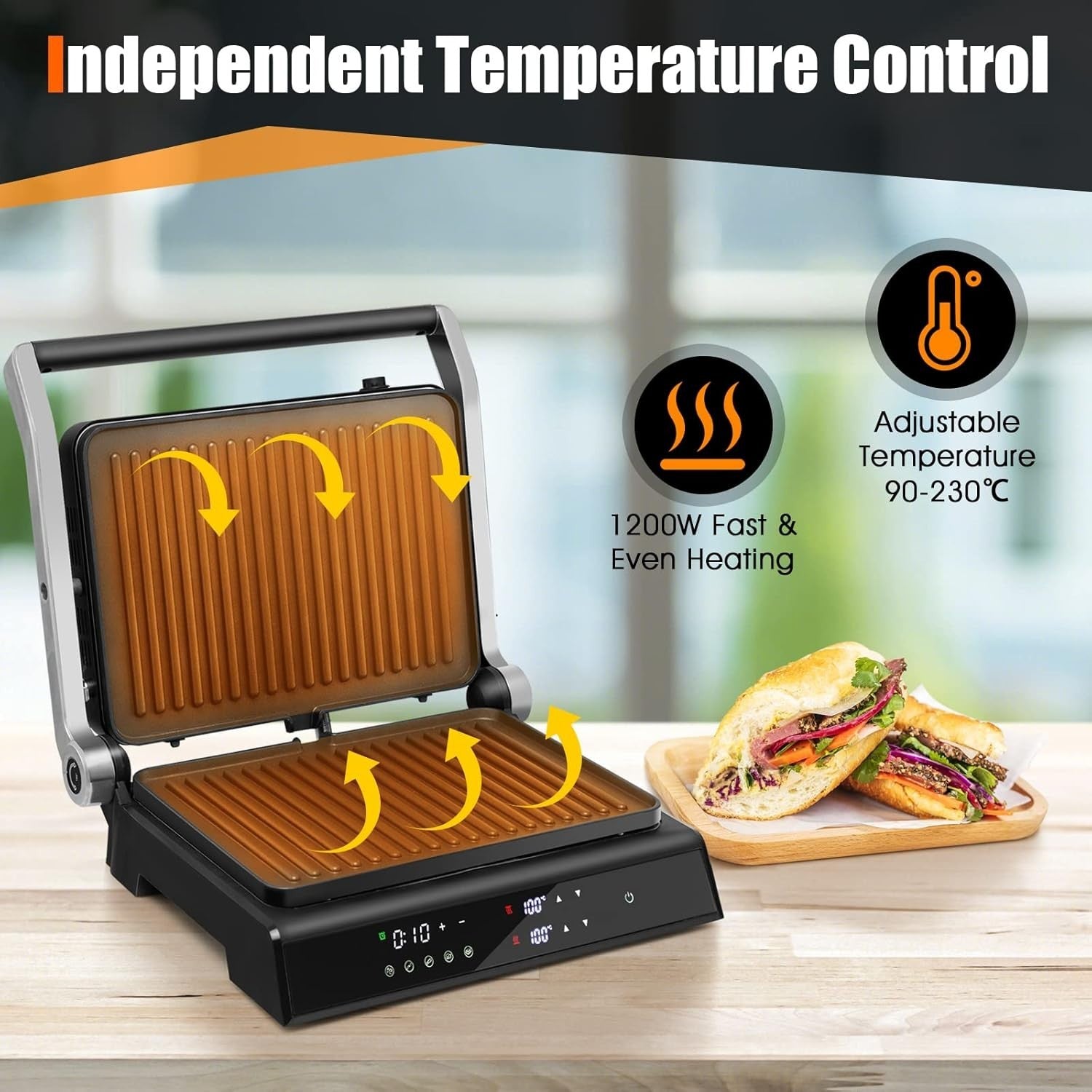 3-in-1 Panini Press Grill 1200W Non-Stick Plates 29x21cm Large Plates