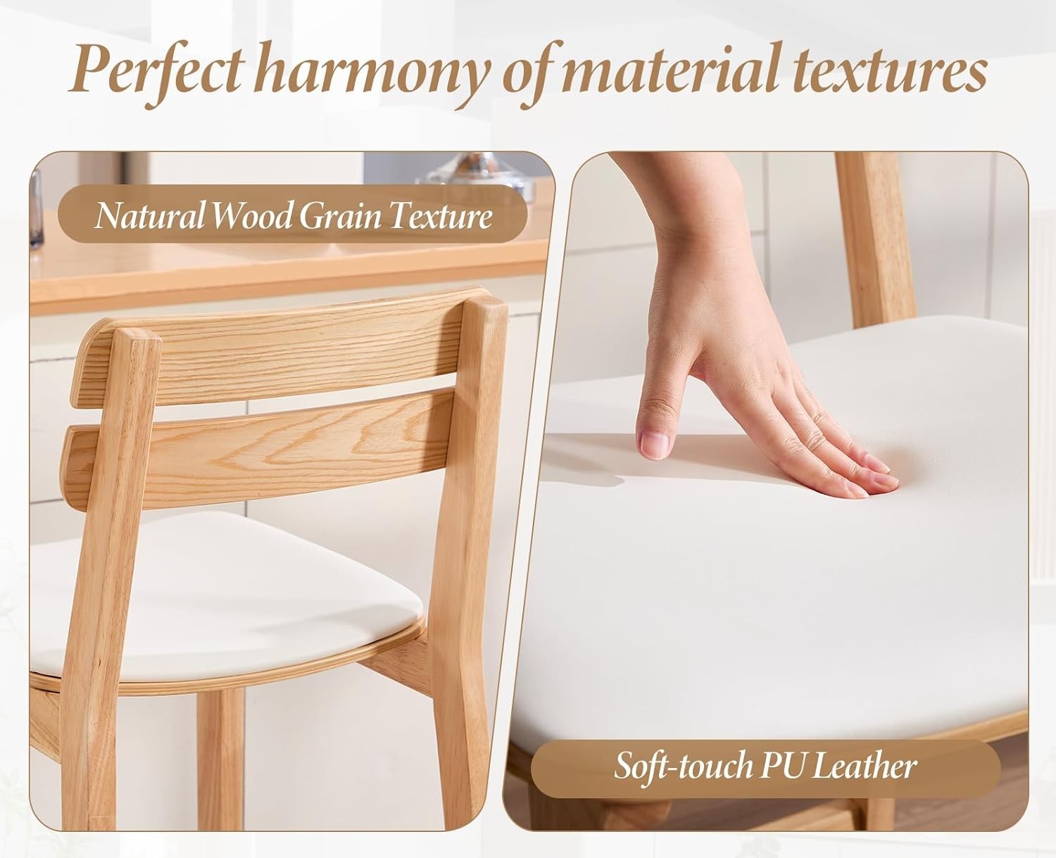 Wood Bar Stools Set of 2 Beige PU Leather Farmhouse Counter Chairs