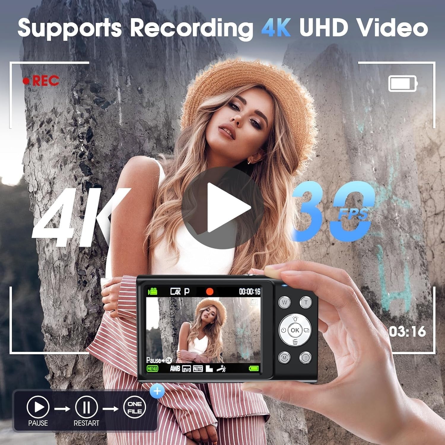 4K 48MP Vlogging Camera Zoom Compact Camera w 32GB & Batteries