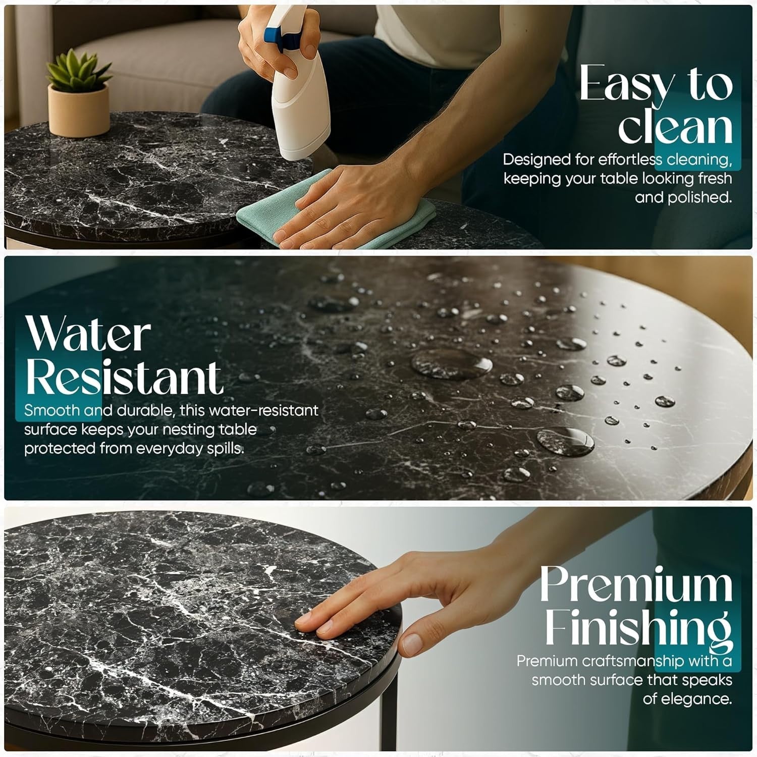 Space Saving Nesting Coffee Tables Set of 2 Black Marble Effect Round End Side A