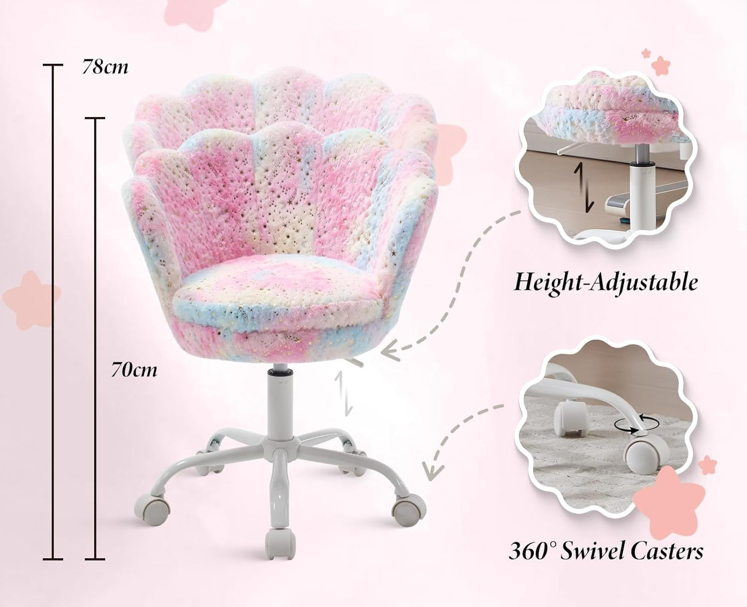 Kids Swivel Desk Chair Height Adjustable Velvet Upholstered Study Seat Colorful