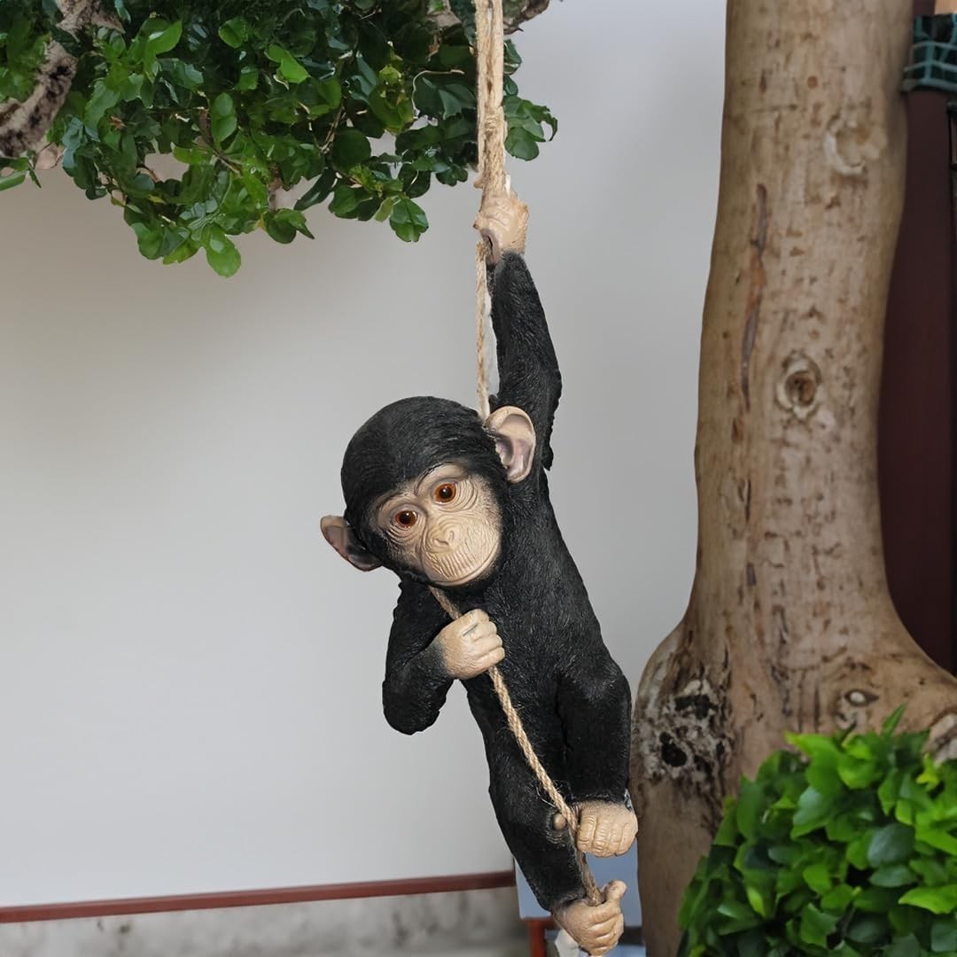 Hanging Monkey Garden Ornament on Rope – Large Resin Outdoor Animal Decor