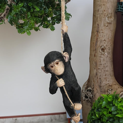 Hanging Monkey Garden Ornament on Rope – Large Resin Outdoor Animal Decor