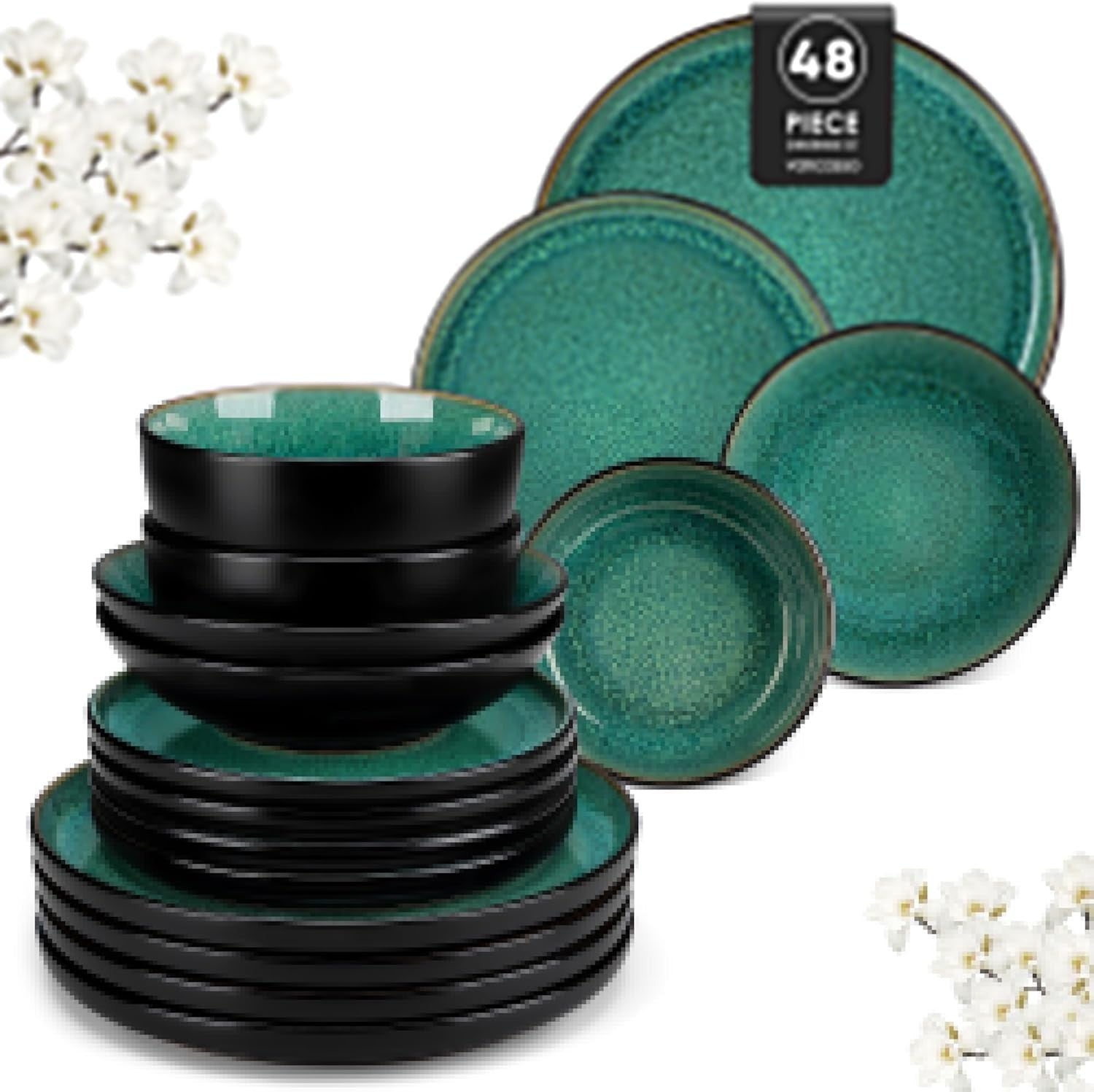 48pc Green Dinner Set Plates Bowls Stoneware Reactive Glaze Service for 12