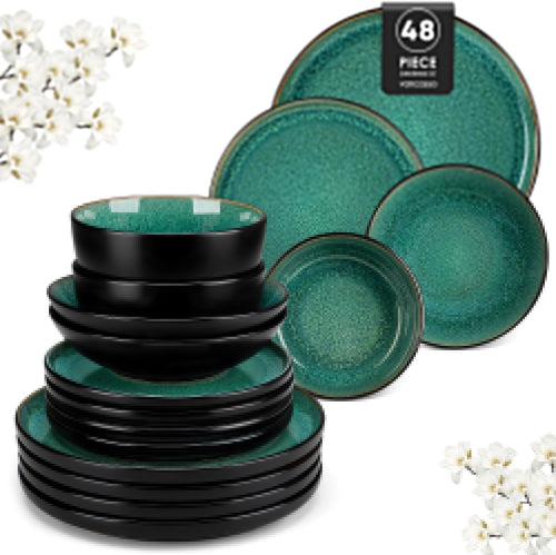 48pc Green Dinner Set Plates Bowls Stoneware Reactive Glaze Service for 12