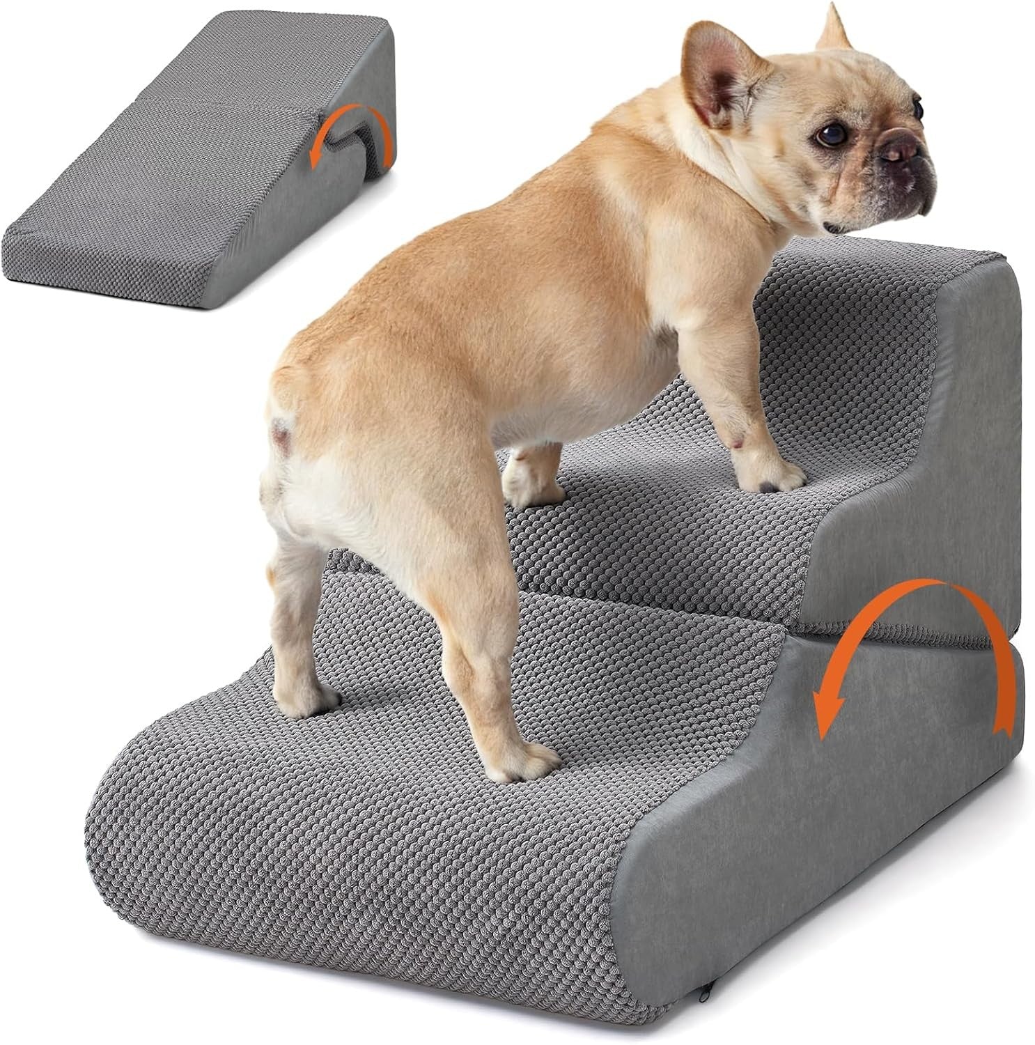 Grey 3 Step Dog Stairs Adjustable Foam Pet Ramp 68x40x40cm