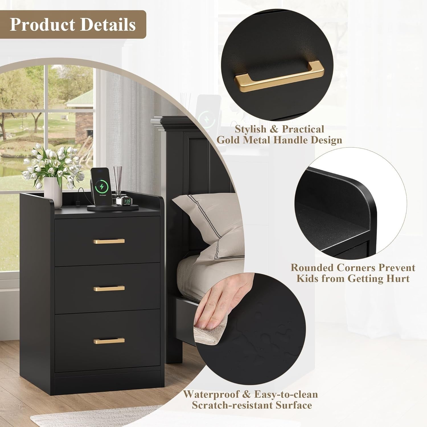 Black Bedside Table with USB Charging Station 3 Drawers Modern Nightstand