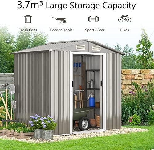 6x4FT Metal Garden Storage Shed with Vents, Sliding Door & Ramp, Weatherproof