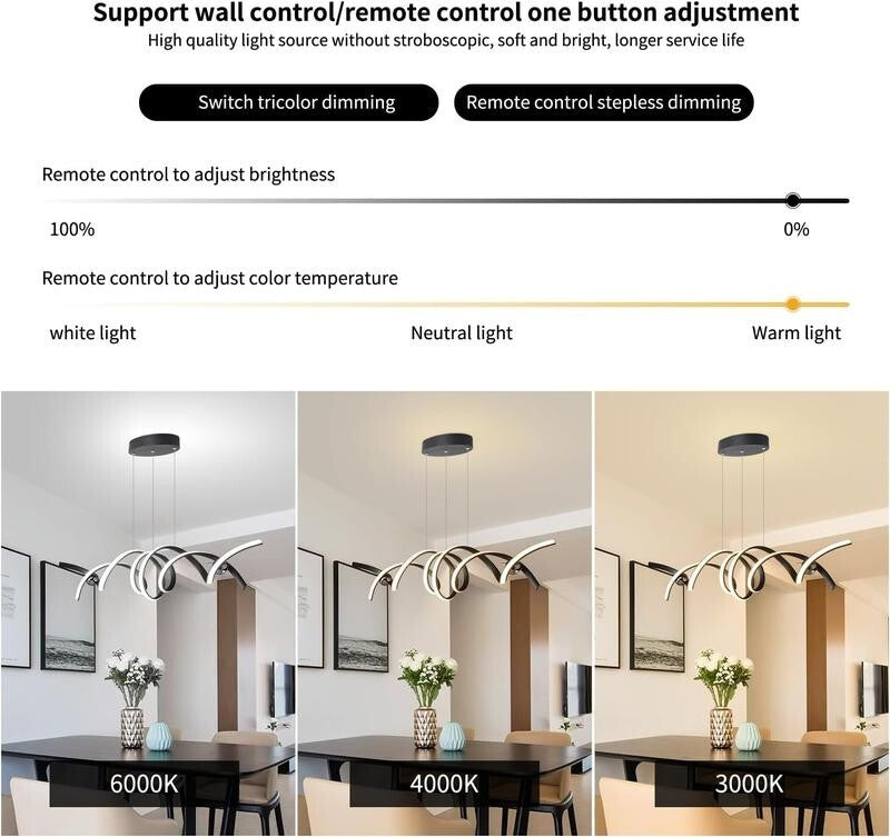 Modern LED Pendant Chandelier Light Remote Control 2 Strip 38W Black