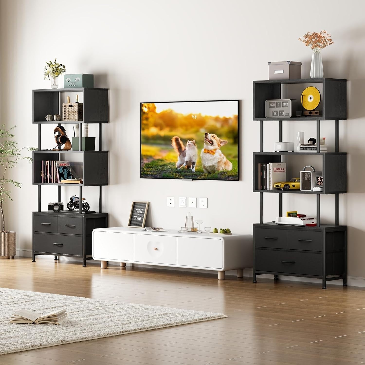 5 Tier Black Bookcase with 3 Fabric Drawers Metal Frame Storage Shelf 155cm
