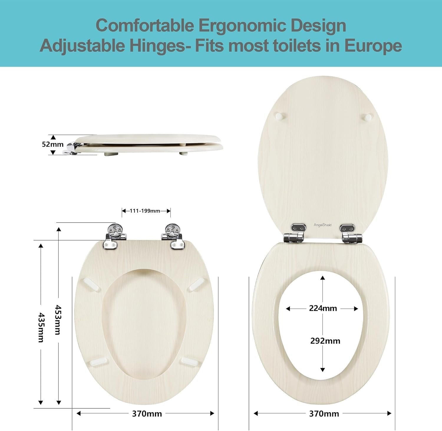 Wooden Toilet Seat Soft Close Quick Release Oval Creamy White Oak 45x37cm