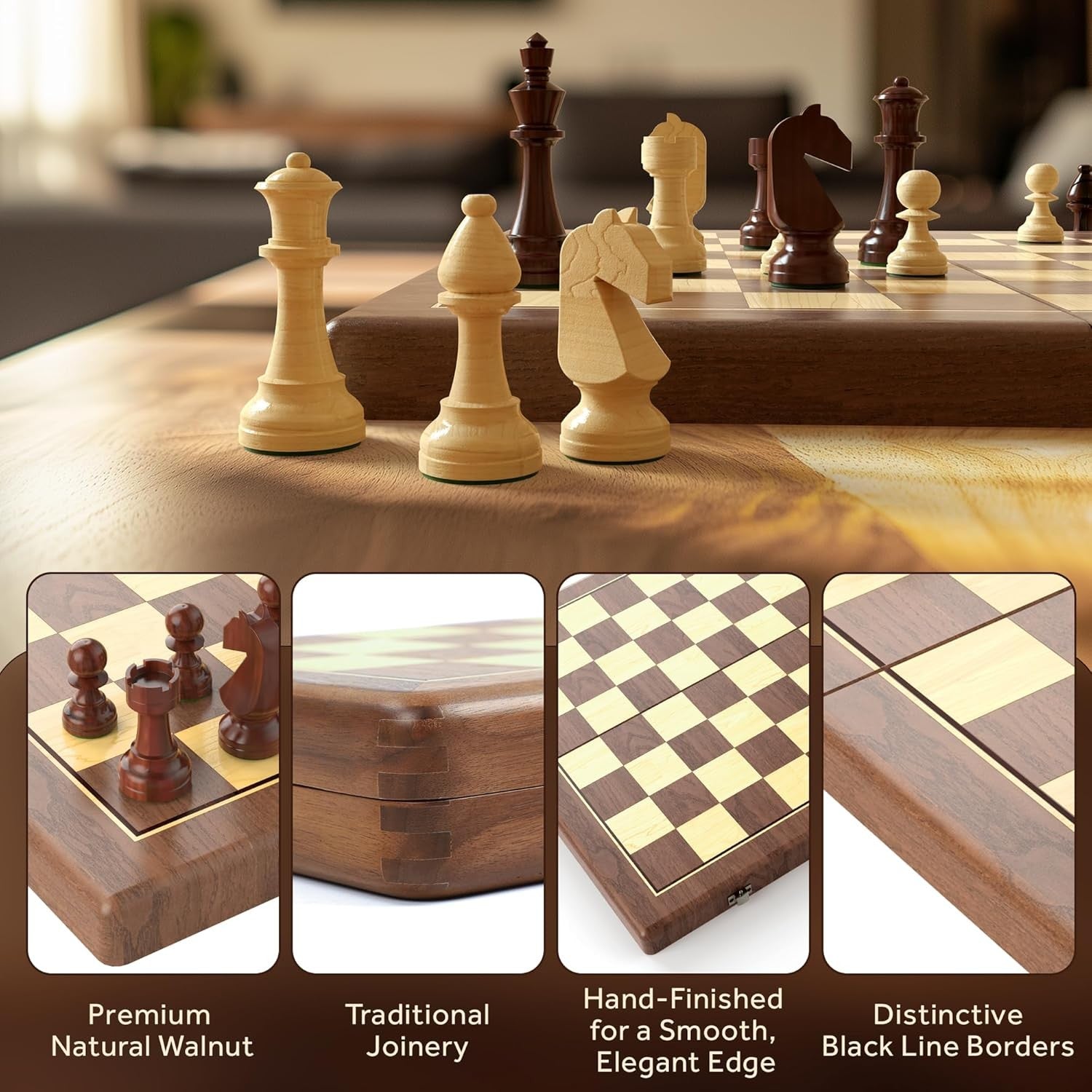 Walnut Magnetic 2-in-1 Chess & Checkers Set | 38cm Folding Wooden Board
