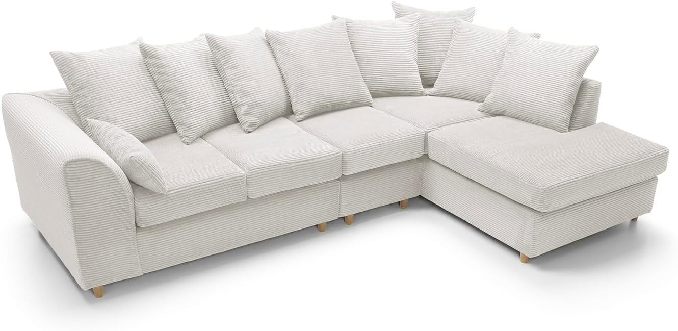 Cream 5-Seater L-Shape Sofa Scatter Back Cushions Armrest Right Hand