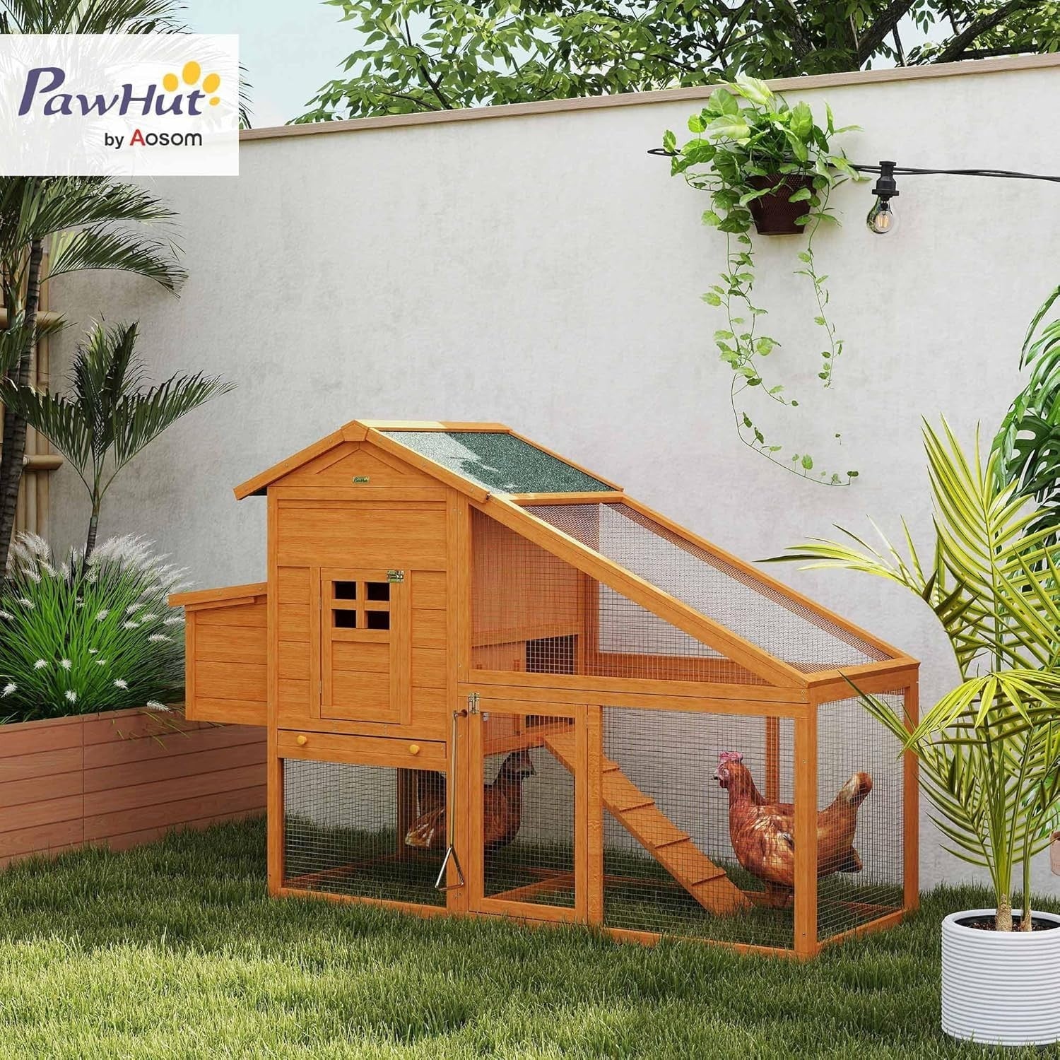 Wooden Chicken Coop with Run Nesting Box Slide Out Tray Ramp 4 Hens