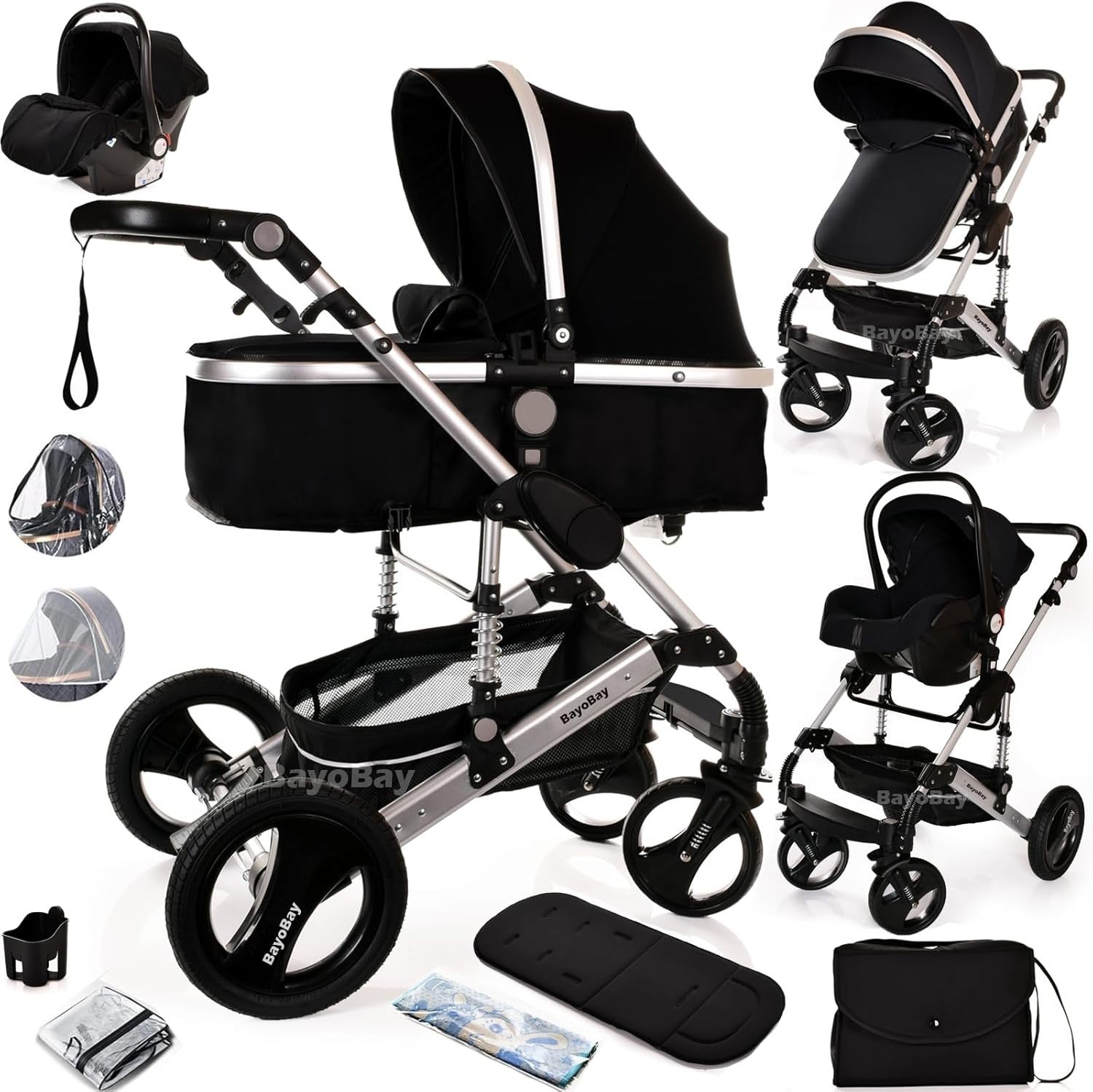 3-in-1 Baby Stroller Pram Travel System Car Seat Lightweight Foldable Black