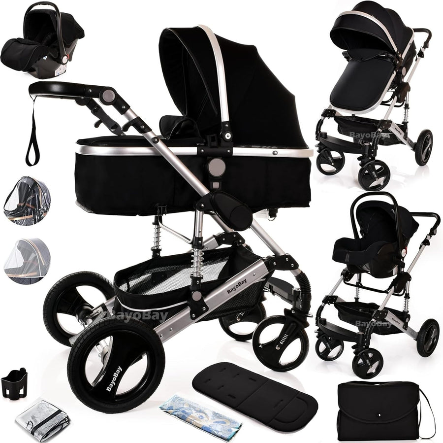 3-in-1 Baby Stroller Pram Travel System Car Seat Lightweight Foldable Black